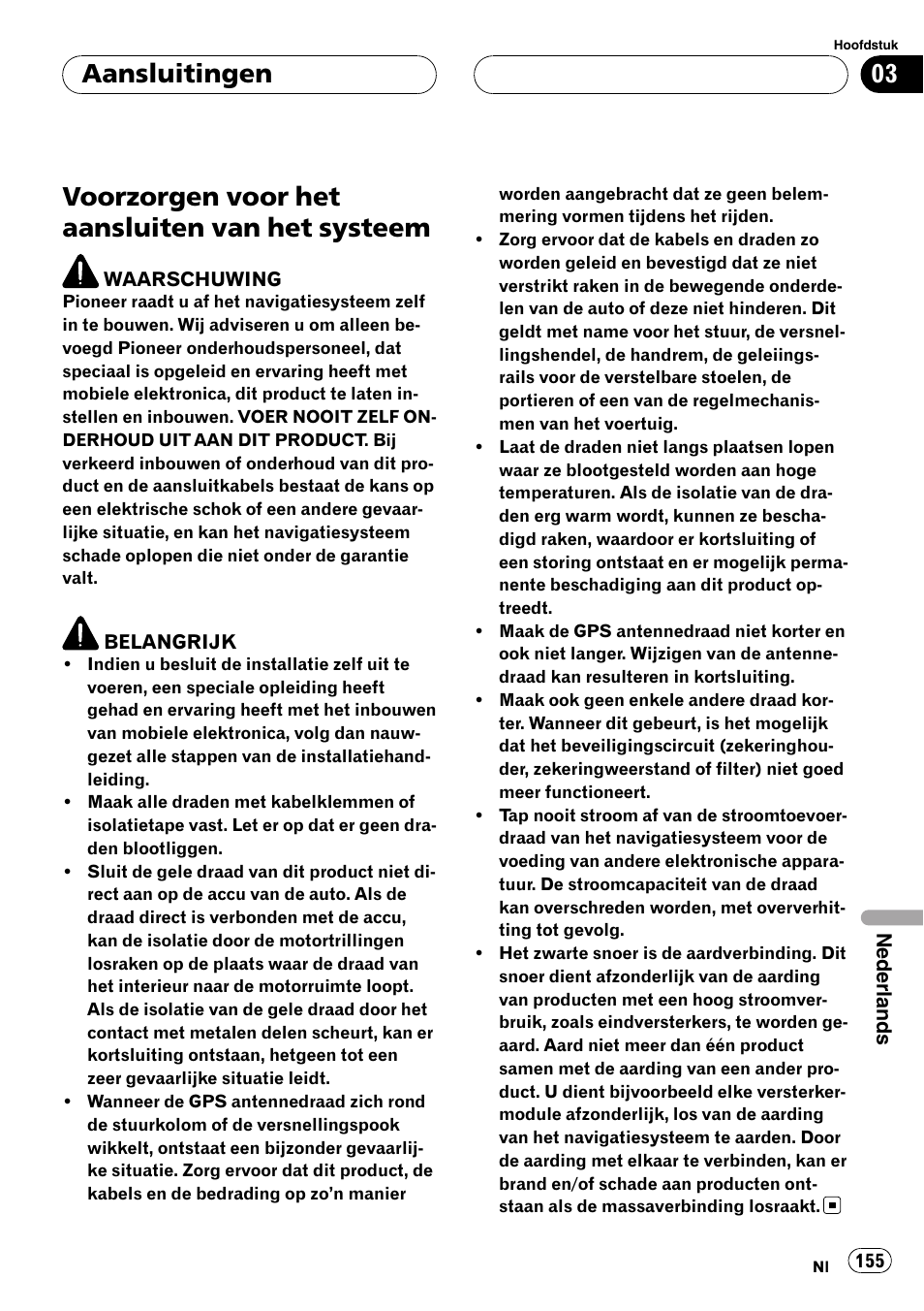 Systeem, Voorzorgen voor het aansluiten van het systeem, Aansluitingen | Pioneer AVIC-X3 User Manual | Page 155 / 182