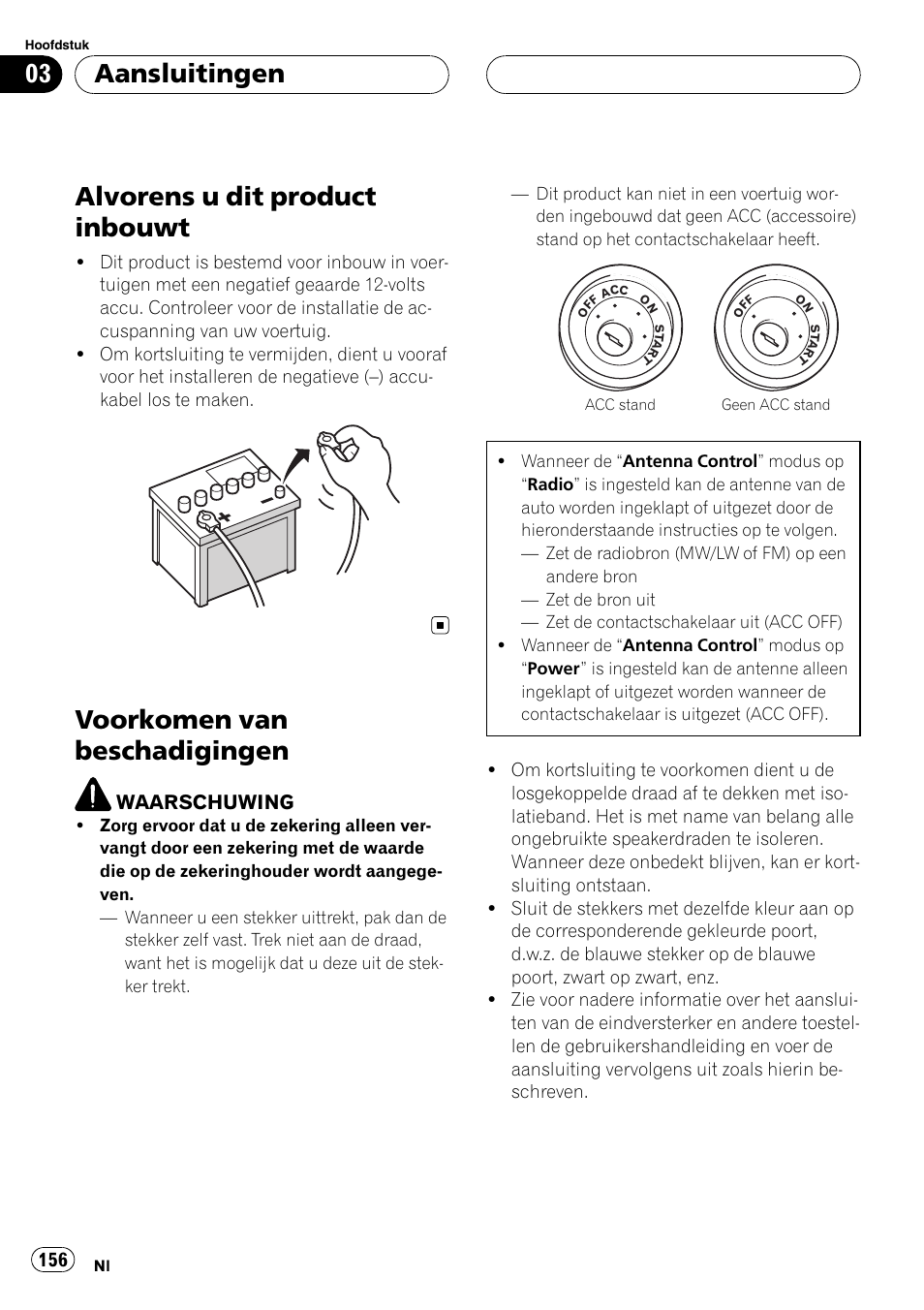 Alvorens u dit product inbouwt, Voorkomen van beschadigingen, Aansluitingen | Pioneer AVIC-X3 User Manual | Page 156 / 182