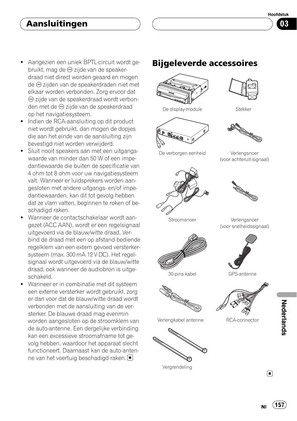 Bijgeleverde accessoires, Aansluitingen | Pioneer AVIC-X3 User Manual | Page 157 / 182