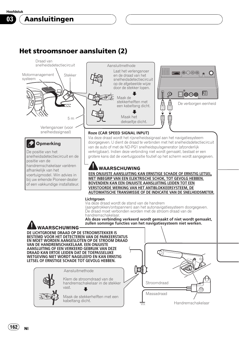 Het stroomsnoer aansluiten (2), Aansluitingen | Pioneer AVIC-X3 User Manual | Page 162 / 182