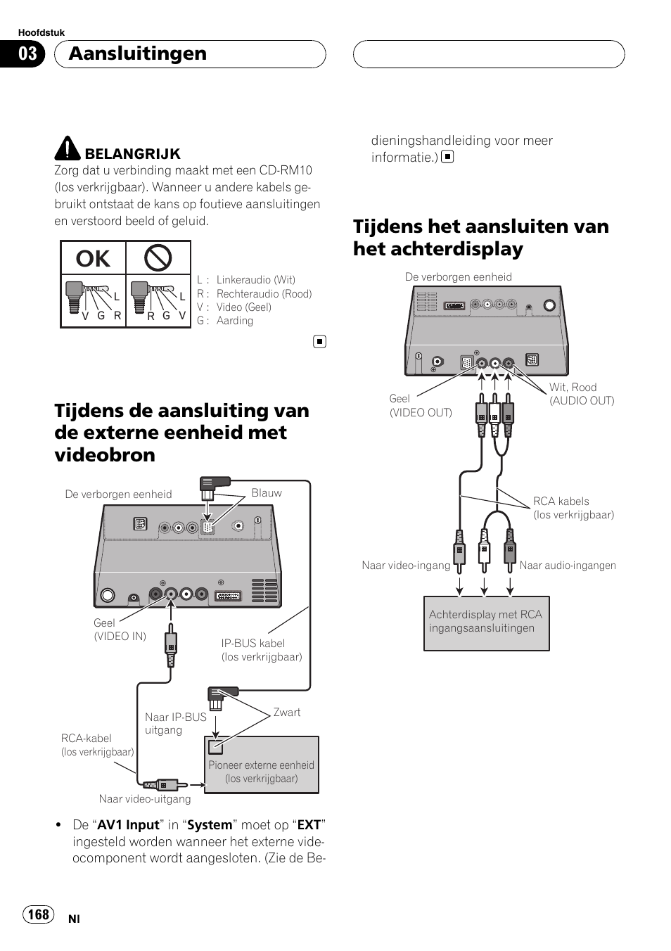Tijdens de aansluiting van de externe, Eenheid met videobron, Tijdens het aansluiten van het | Achterdisplay, Tijdens het aansluiten van het achterdisplay, Aansluitingen | Pioneer AVIC-X3 User Manual | Page 168 / 182