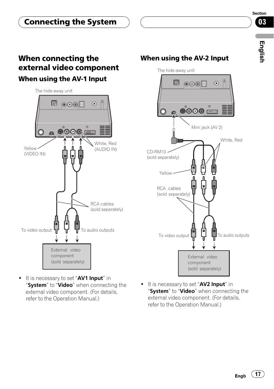 When connecting the external video, Component, When using the av-1 input 17 | When using the av-2 input 17, When connecting the external video component, Connecting the system, When using the av-1 input, When using the av-2 input, English | Pioneer AVIC-X3 User Manual | Page 17 / 182