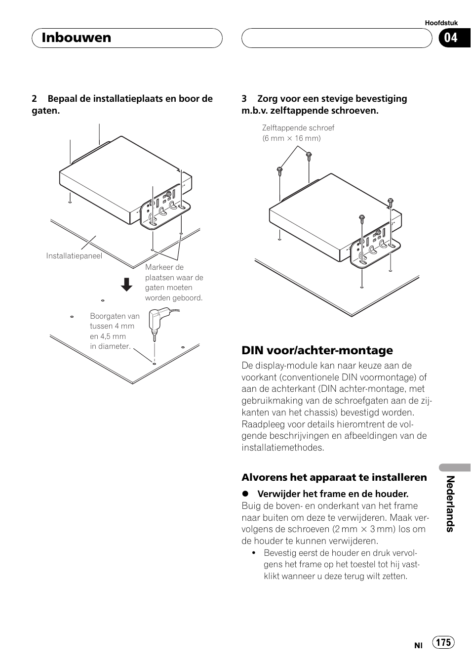 Din voor/achter-montage 175, Inbouwen, Din voor/achter-montage | Pioneer AVIC-X3 User Manual | Page 175 / 182