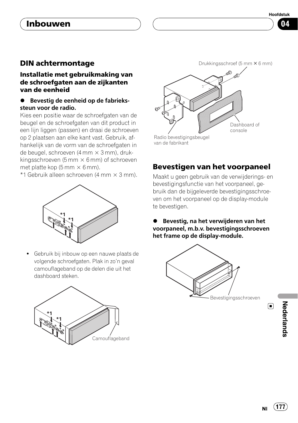 Din achtermontage 177, Bevestigen van het voorpaneel 177, Inbouwen | Din achtermontage, Bevestigen van het voorpaneel | Pioneer AVIC-X3 User Manual | Page 177 / 182