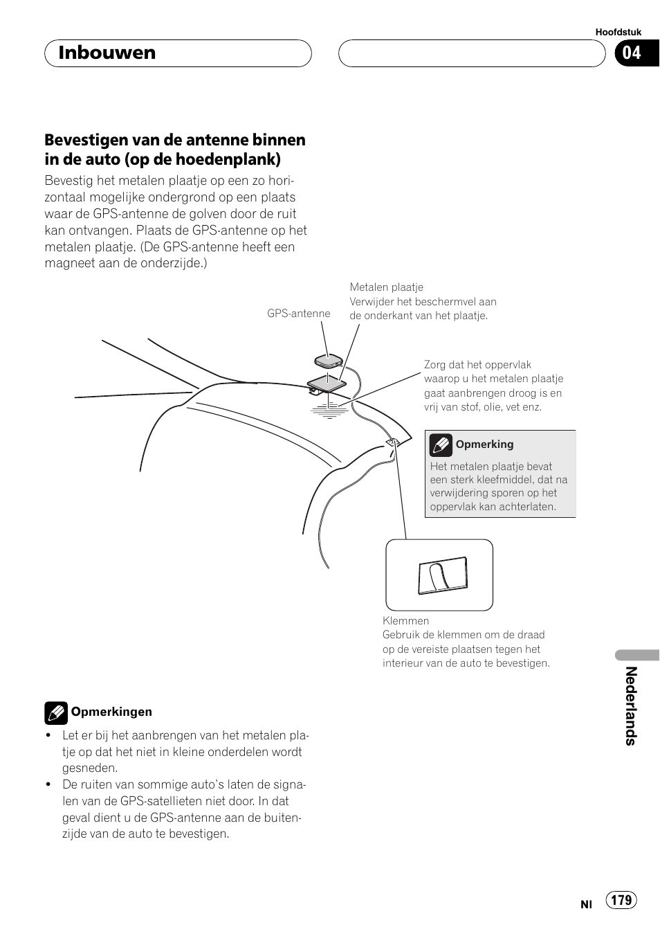 Bevestigen van de antenne binnen in, De auto (op de hoedenplank), Inbouwen | Pioneer AVIC-X3 User Manual | Page 179 / 182