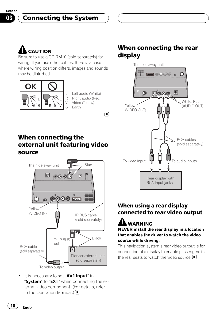 When connecting the external unit featuring, Video source, When connecting the rear display | When using a rear display connected to, Rear video output, Connecting the system | Pioneer AVIC-X3 User Manual | Page 18 / 182