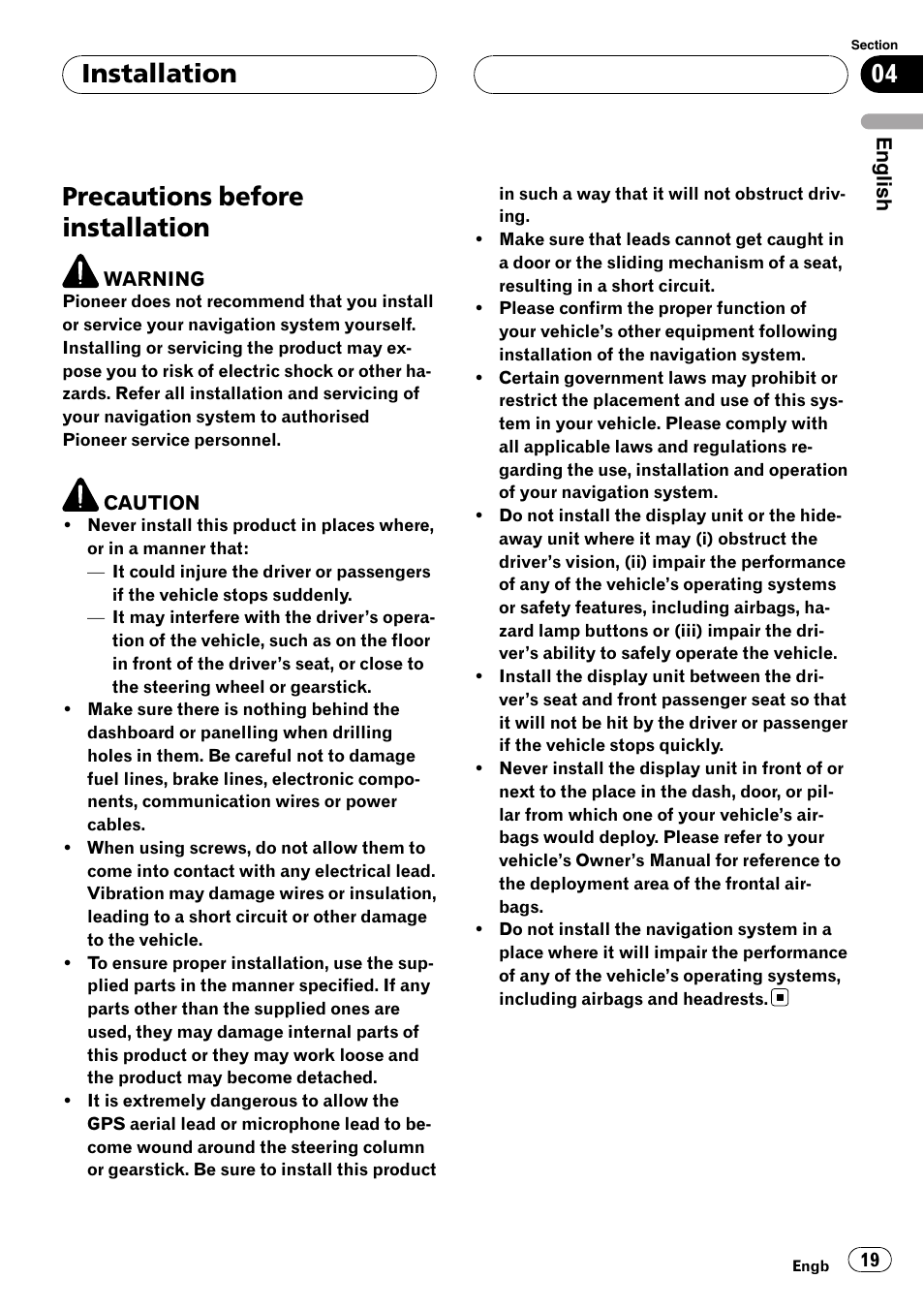 Installation precautions before installation, Precautions before installation, Installation | Pioneer AVIC-X3 User Manual | Page 19 / 182