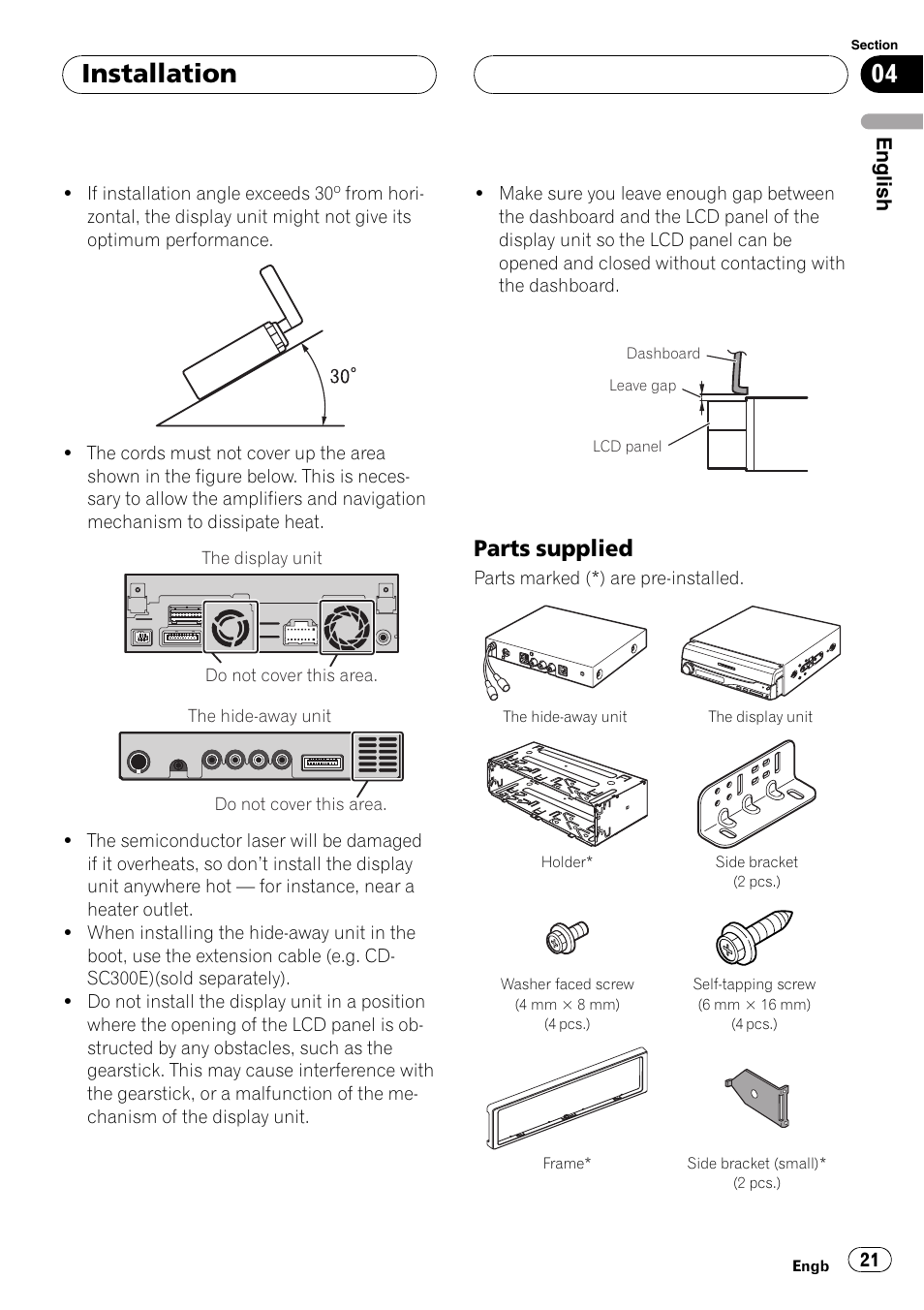 Parts supplied 21, Installation, Parts supplied | Pioneer AVIC-X3 User Manual | Page 21 / 182