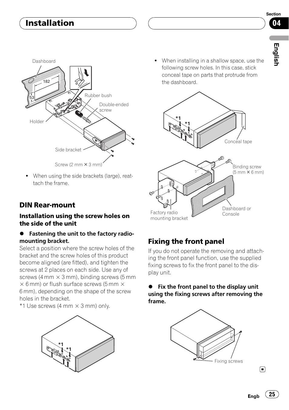 Din rear-mount 25, Fixing the front panel 25, Installation | Din rear-mount, Fixing the front panel, English | Pioneer AVIC-X3 User Manual | Page 25 / 182