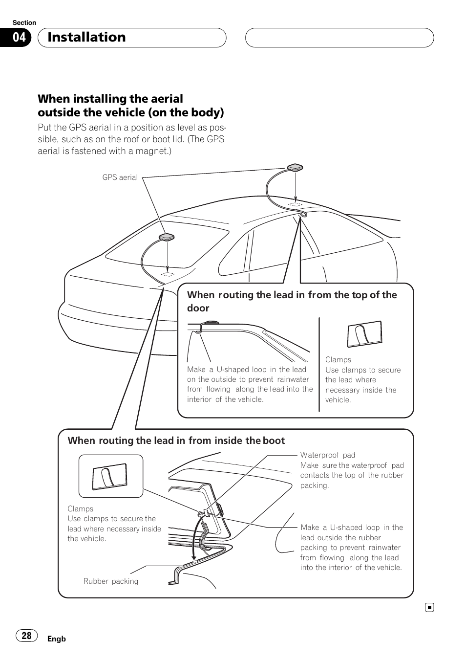 When installing the aerial outside the, Vehicle (on the body), Installation | Pioneer AVIC-X3 User Manual | Page 28 / 182