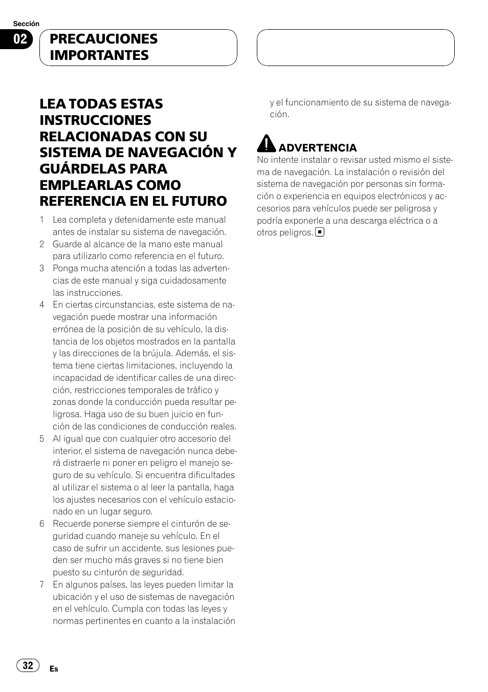 Precauciones importantes | Pioneer AVIC-X3 User Manual | Page 32 / 182