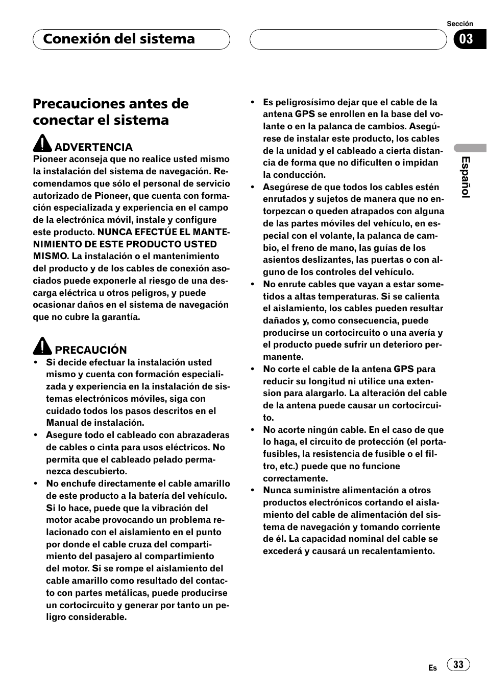 Sistema, Precauciones antes de conectar el sistema, Conexión del sistema | Pioneer AVIC-X3 User Manual | Page 33 / 182