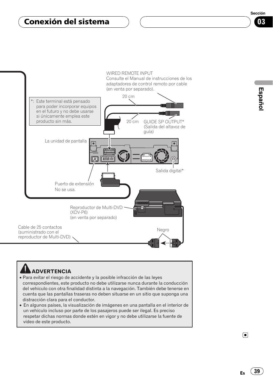Conexión del sistema, Español | Pioneer AVIC-X3 User Manual | Page 39 / 182