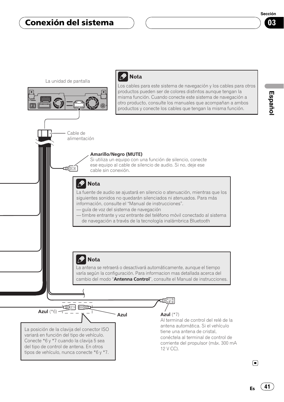 Conexión del sistema, Español | Pioneer AVIC-X3 User Manual | Page 41 / 182