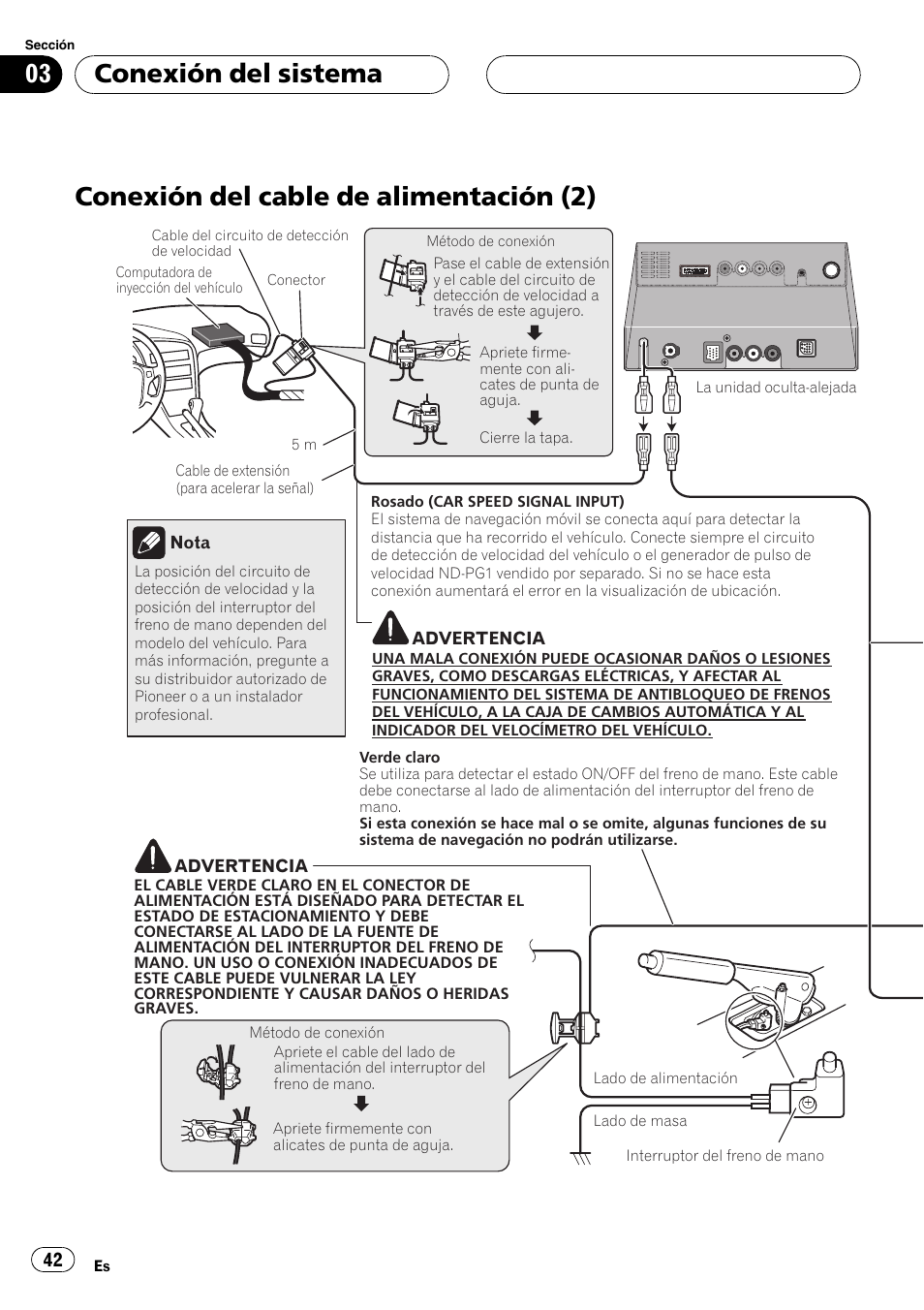 Conexión del cable de alimentación (2), Conexión del sistema | Pioneer AVIC-X3 User Manual | Page 42 / 182