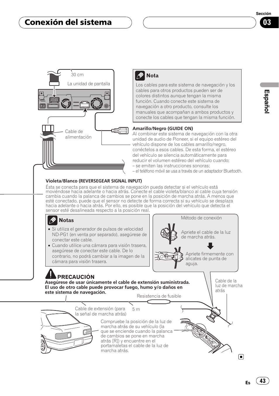 Conexión del sistema, Español | Pioneer AVIC-X3 User Manual | Page 43 / 182