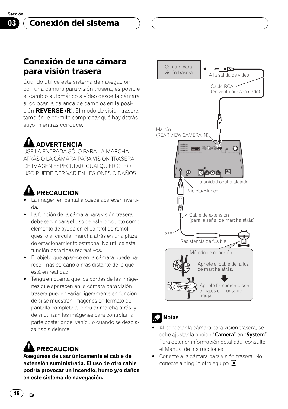 Conexión de una cámara para visión, Trasera, Conexión de una cámara para visión trasera | Conexión del sistema | Pioneer AVIC-X3 User Manual | Page 46 / 182