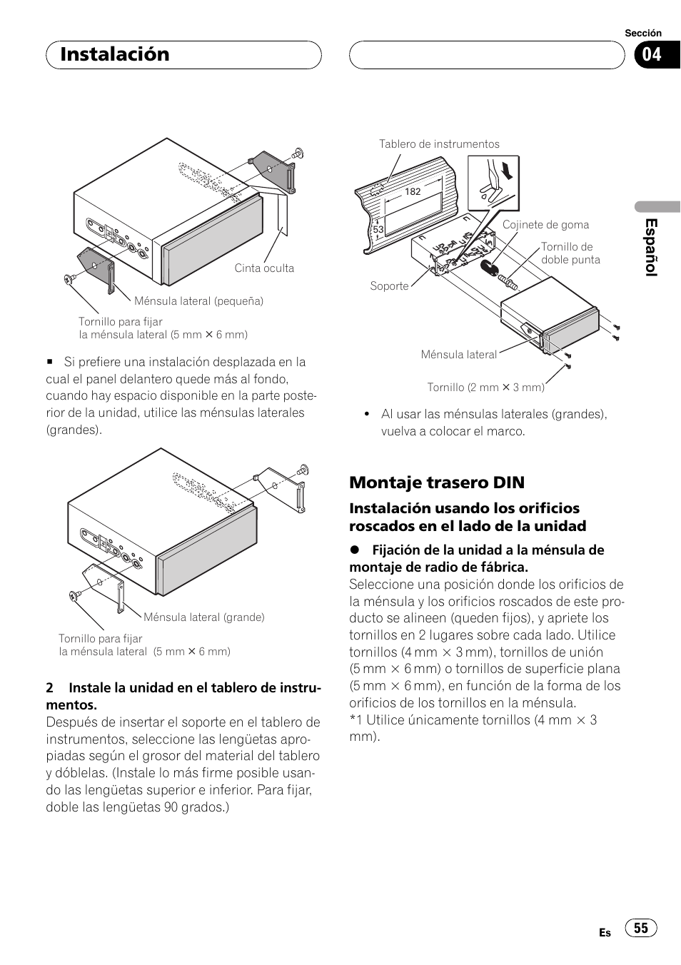 Montaje trasero din 55, Instalación, Montaje trasero din | Español | Pioneer AVIC-X3 User Manual | Page 55 / 182