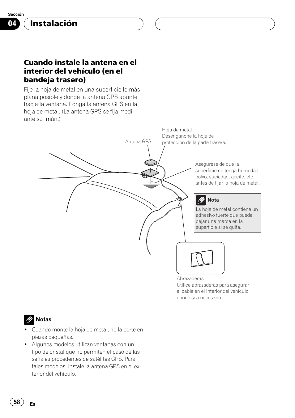 Cuando instale la antena en el interior, Del vehículo (en el bandeja trasero), Instalación | Pioneer AVIC-X3 User Manual | Page 58 / 182