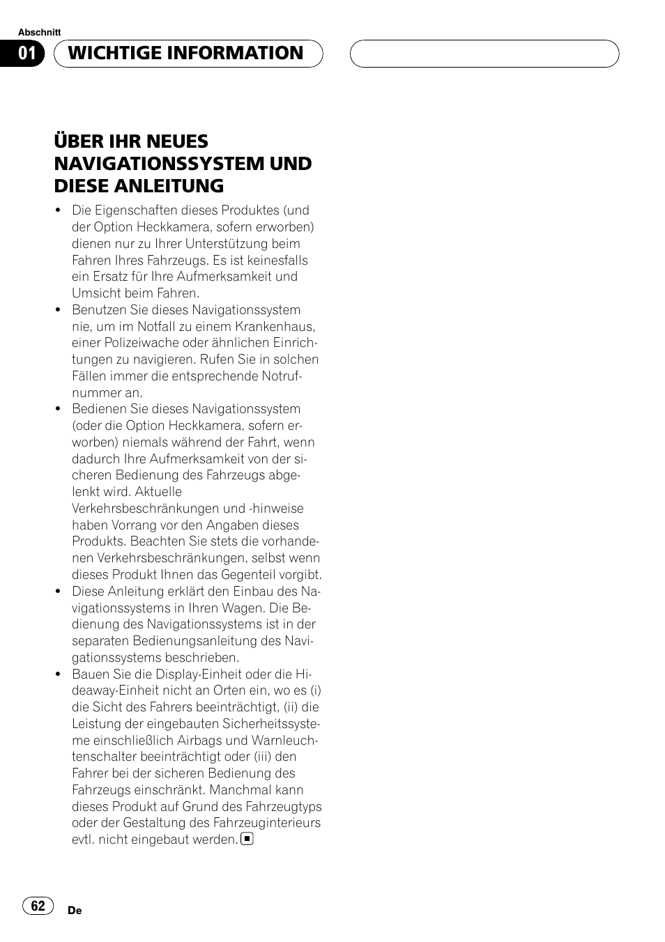 Wichtige information, Über ihr neues navigationssystem, Und diese anleitung | Pioneer AVIC-X3 User Manual | Page 62 / 182