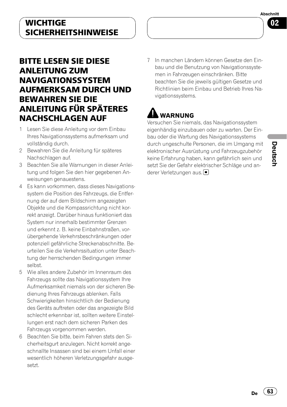 Wichtige sicherheitshinweise | Pioneer AVIC-X3 User Manual | Page 63 / 182