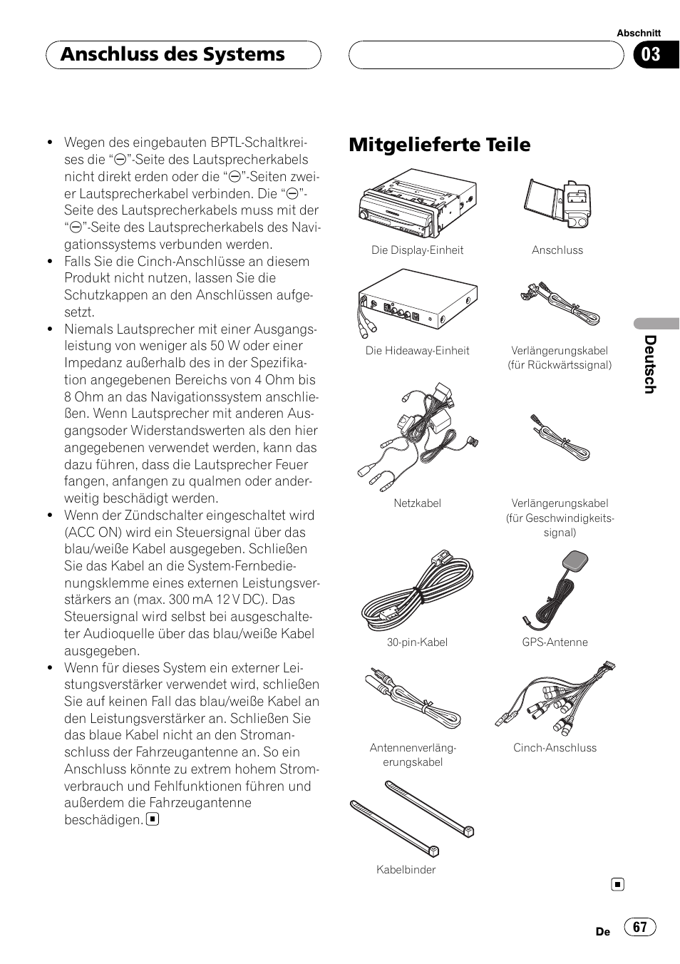 Mitgelieferte teile, Anschluss des systems | Pioneer AVIC-X3 User Manual | Page 67 / 182