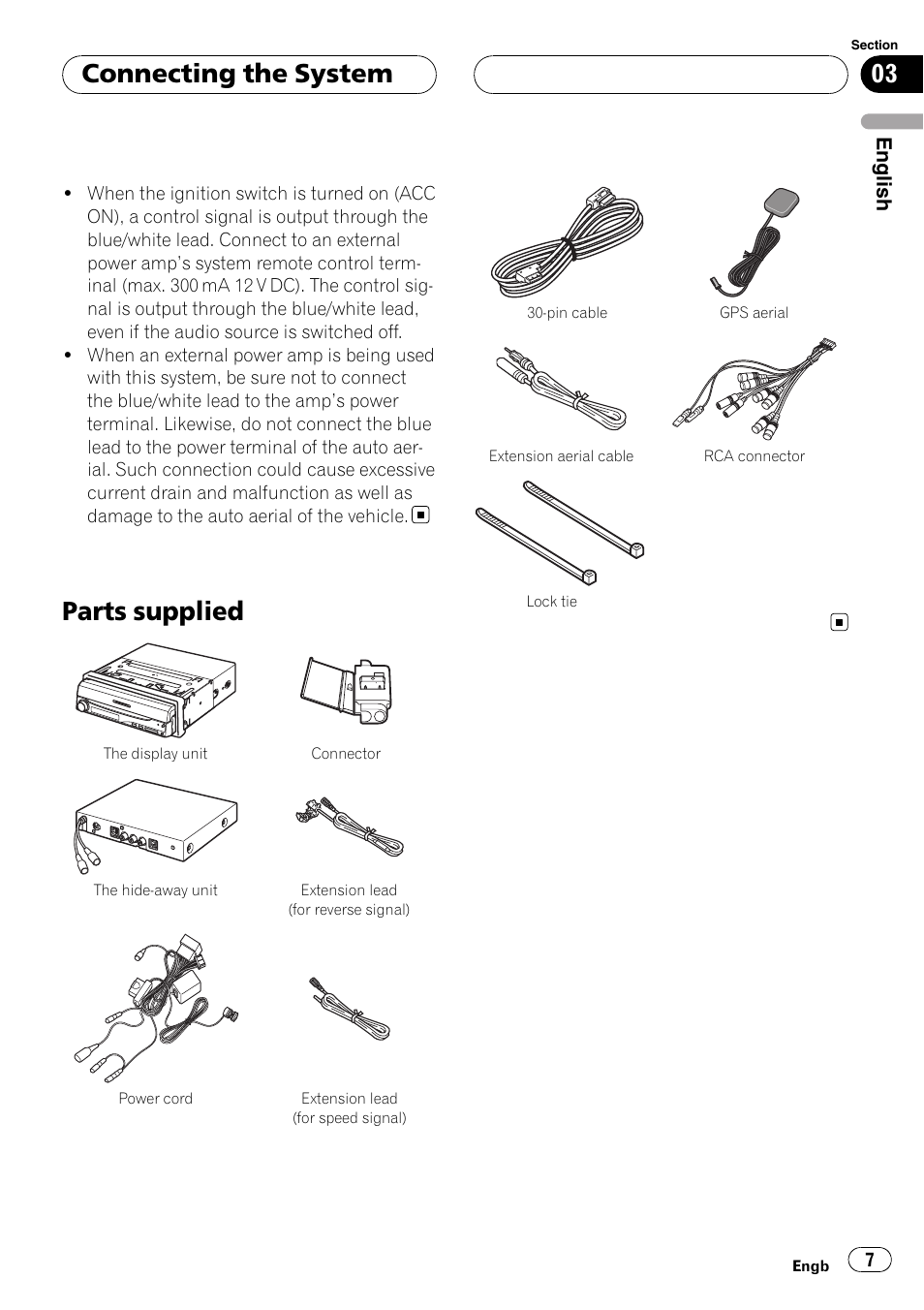 Parts supplied, Connecting the system | Pioneer AVIC-X3 User Manual | Page 7 / 182
