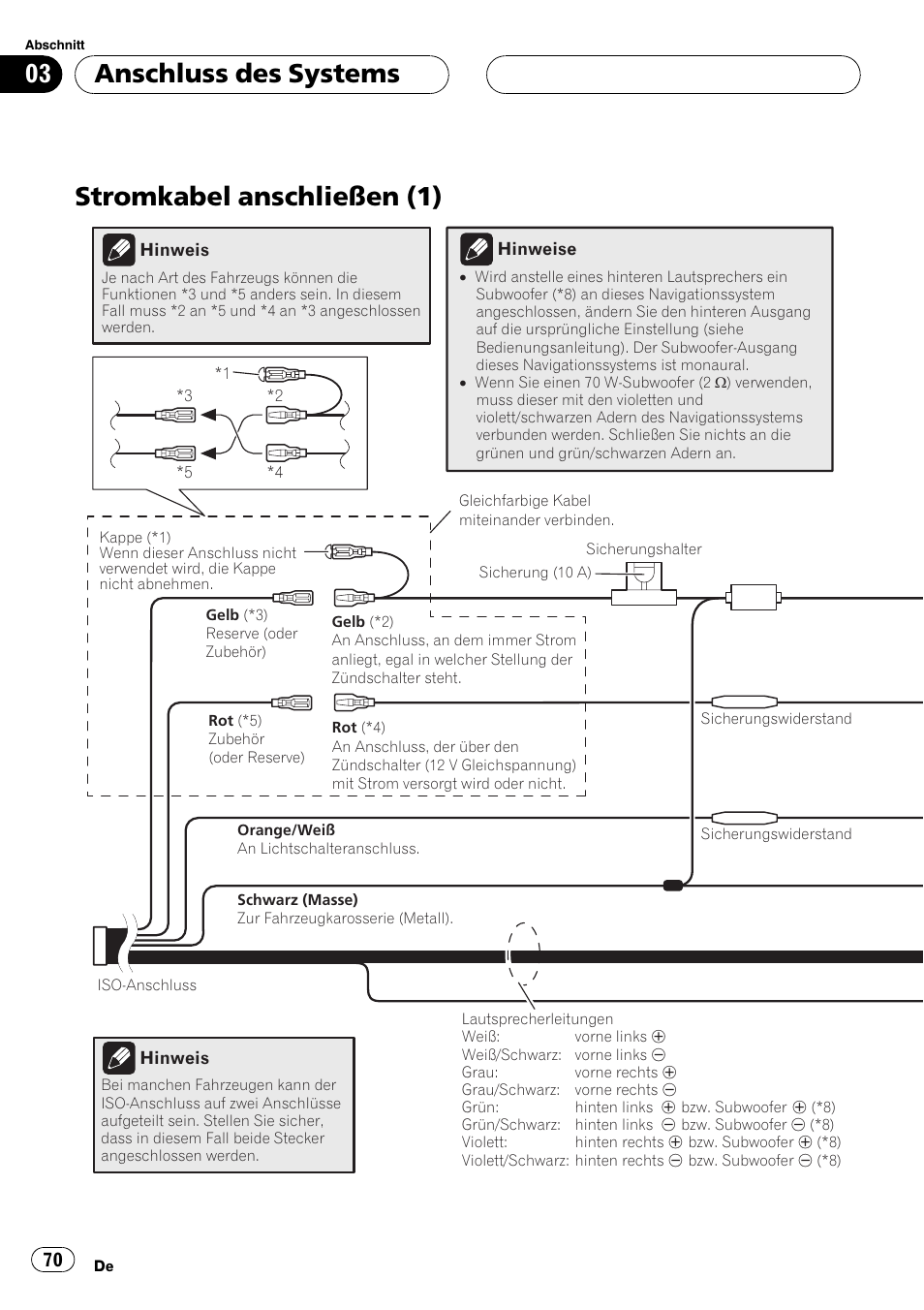 Stromkabel anschließen (1), Anschluss des systems | Pioneer AVIC-X3 User Manual | Page 70 / 182