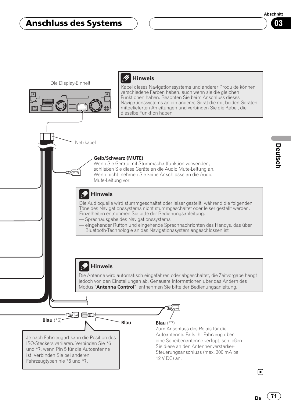 Anschluss des systems, Deutsch | Pioneer AVIC-X3 User Manual | Page 71 / 182
