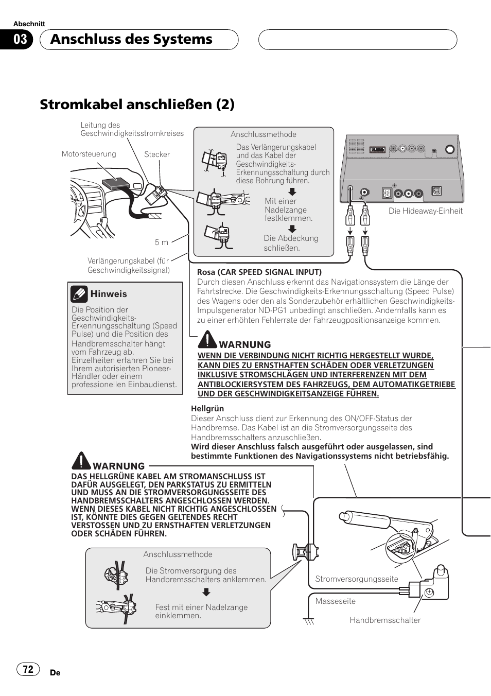 Stromkabel anschließen (2), Anschluss des systems | Pioneer AVIC-X3 User Manual | Page 72 / 182