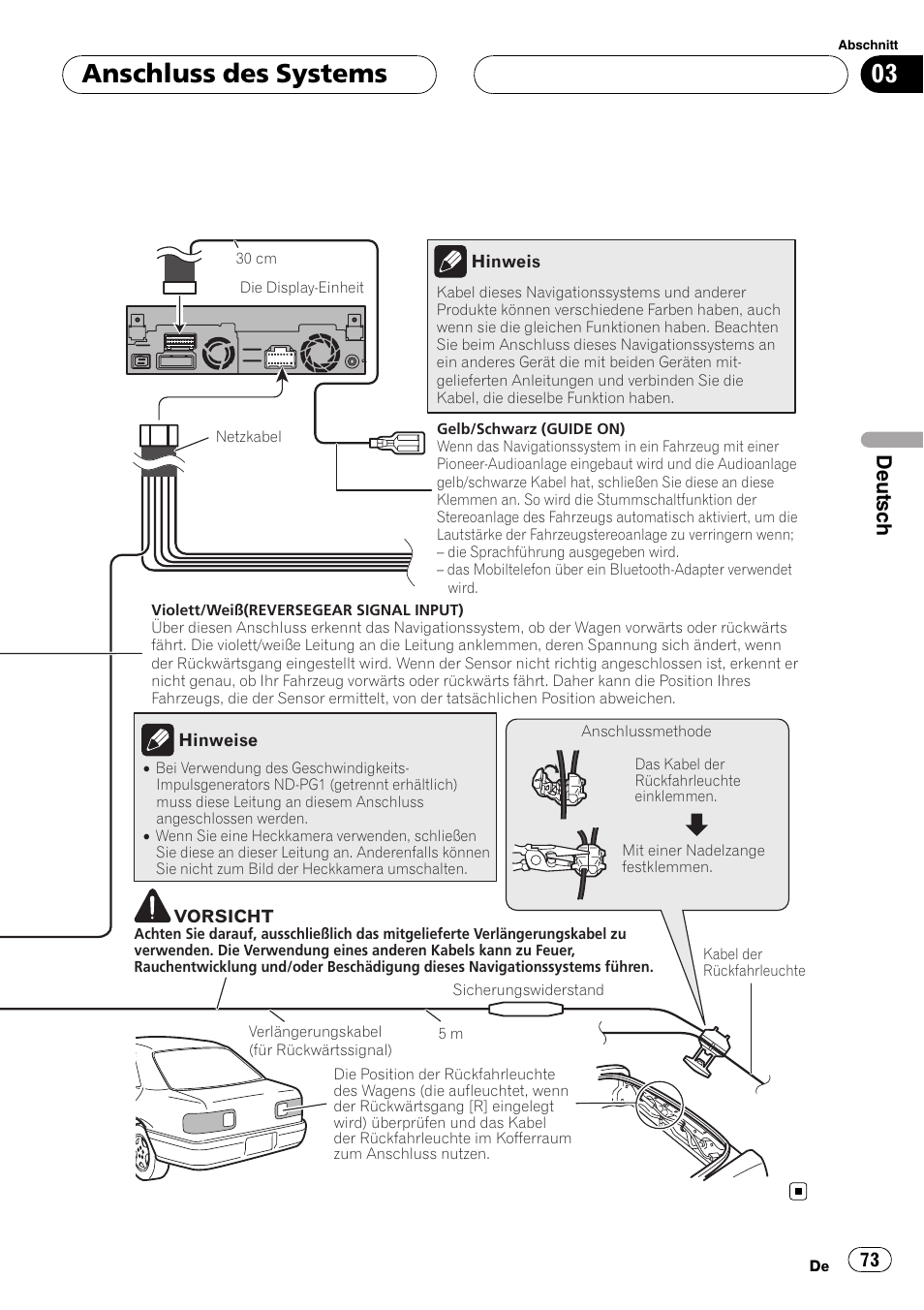 Anschluss des systems, Deutsch | Pioneer AVIC-X3 User Manual | Page 73 / 182