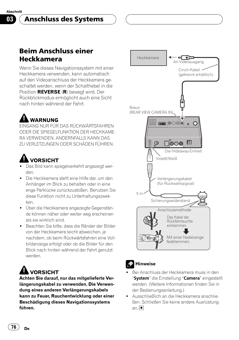 Beim anschluss einer heckkamera, Anschluss des systems | Pioneer AVIC-X3 User Manual | Page 76 / 182