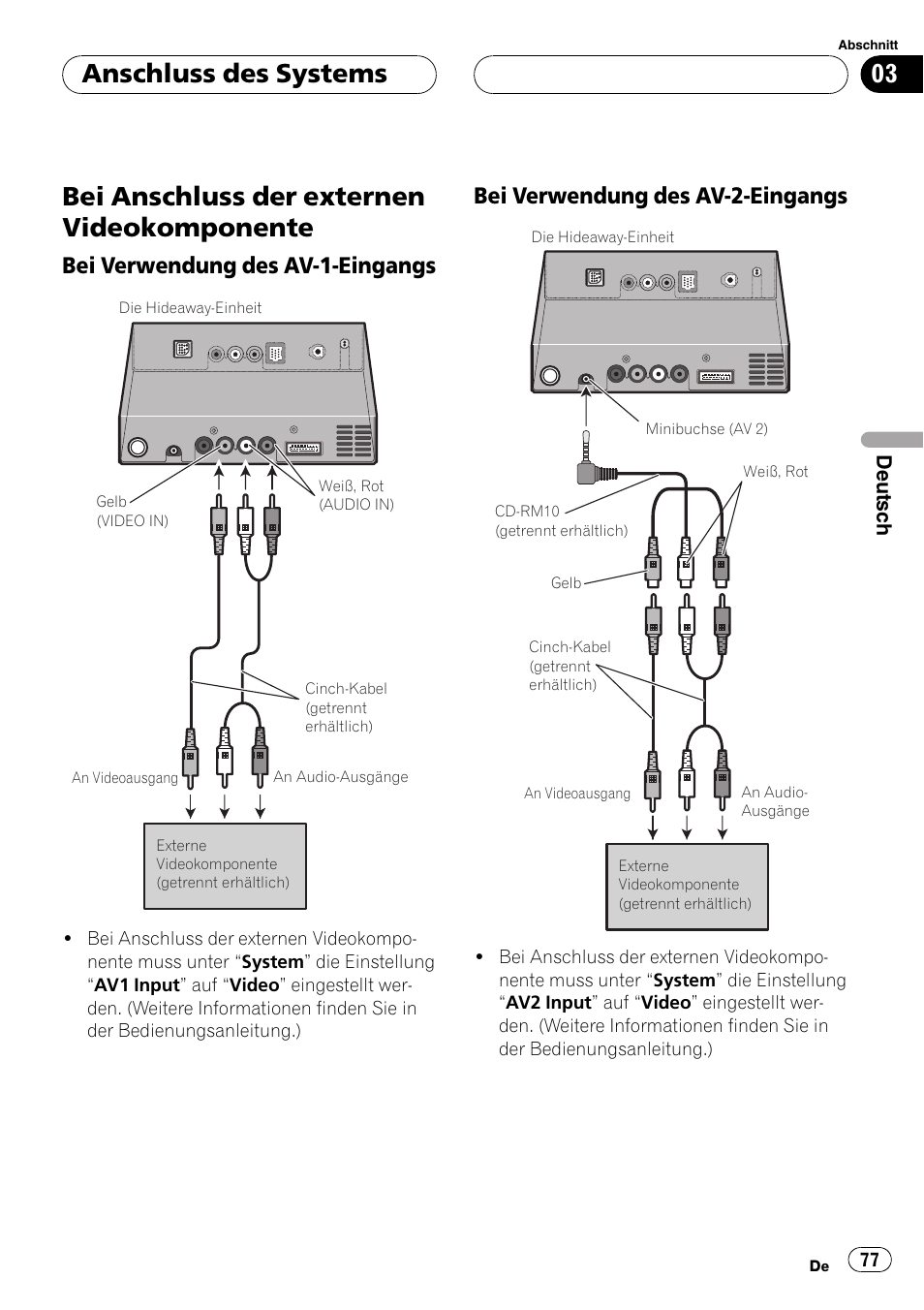 Bei anschluss der externen, Videokomponente, Bei verwendung des av-1 | Eingangs, Bei verwendung des av-2, Bei anschluss der externen videokomponente, Anschluss des systems, Bei verwendung des av-1-eingangs, Bei verwendung des av-2-eingangs | Pioneer AVIC-X3 User Manual | Page 77 / 182