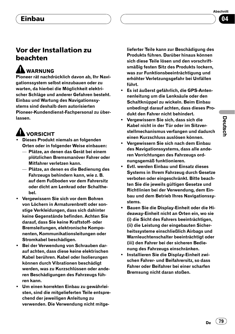 Einbau vor der installation zu beachten, Vor der installation zu beachten, Einbau | Pioneer AVIC-X3 User Manual | Page 79 / 182