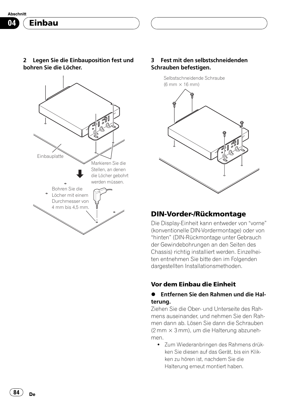 Din-vorder-/rückmontage 84, Einbau, Din-vorder-/rückmontage | Pioneer AVIC-X3 User Manual | Page 84 / 182