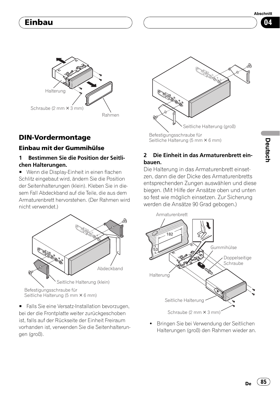 Din-vordermontage 85, Einbau, Din-vordermontage | Deutsch | Pioneer AVIC-X3 User Manual | Page 85 / 182