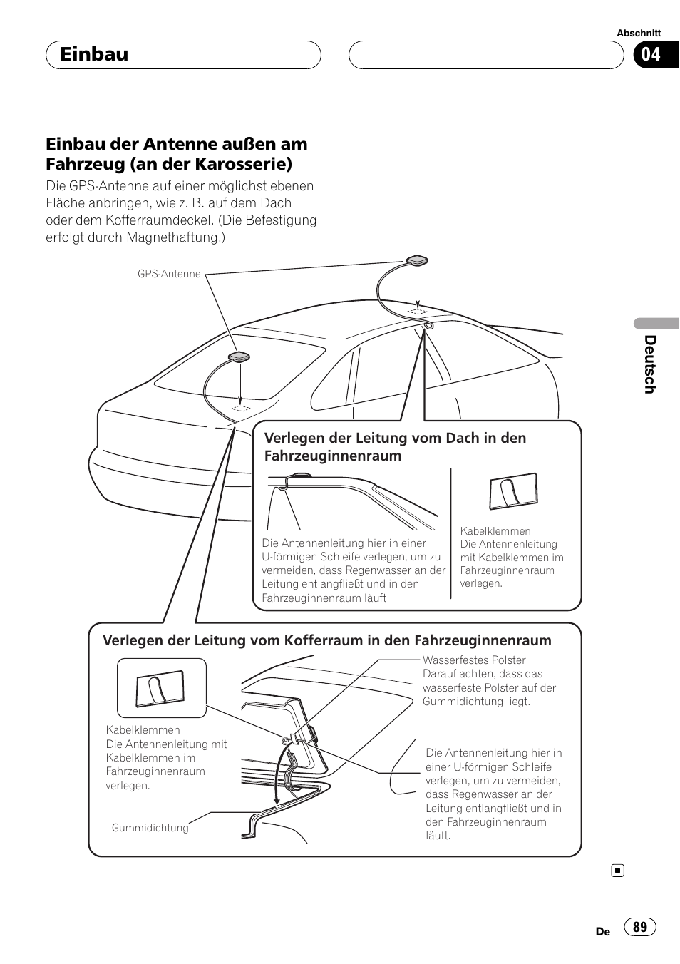 Einbau der antenne außen am, Fahrzeug (an der karosserie), Einbau | Pioneer AVIC-X3 User Manual | Page 89 / 182