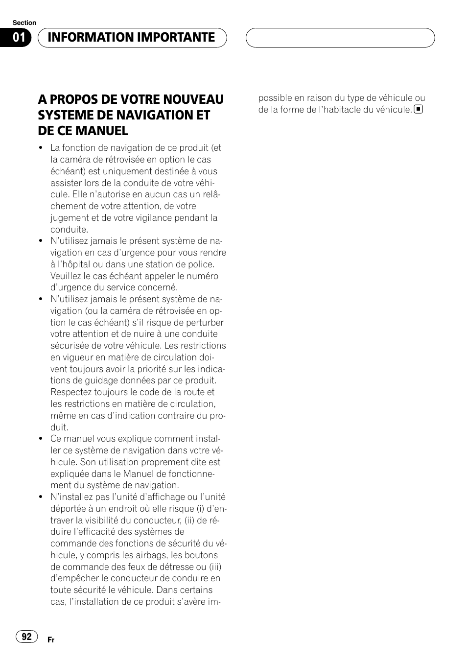 Information importante, A propos de votre nouveau systeme, De navigation et de ce manuel | Pioneer AVIC-X3 User Manual | Page 92 / 182