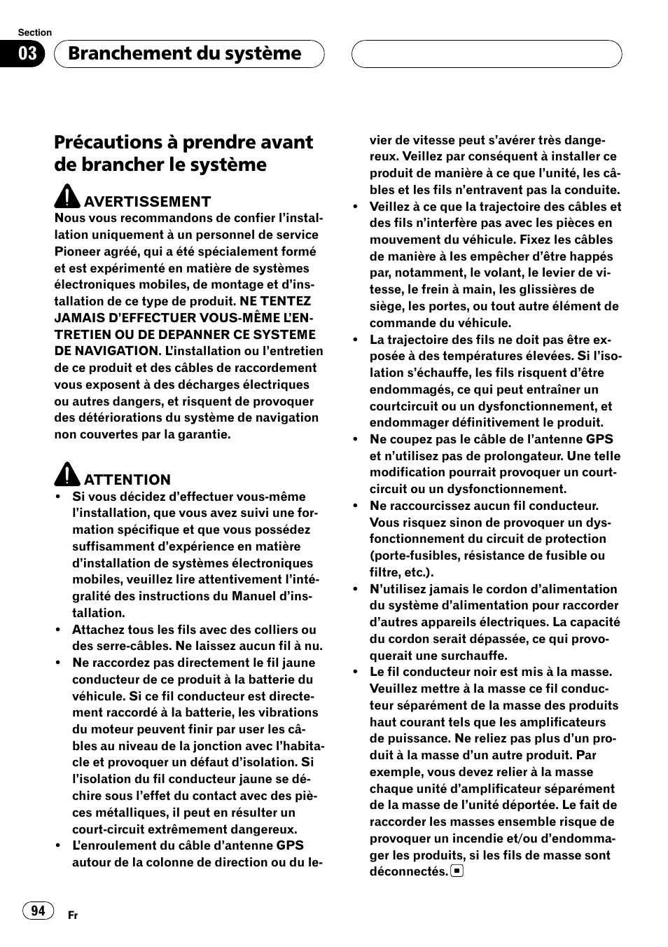 Système, Précautions à prendre avant de brancher le système, Branchement du système | Pioneer AVIC-X3 User Manual | Page 94 / 182