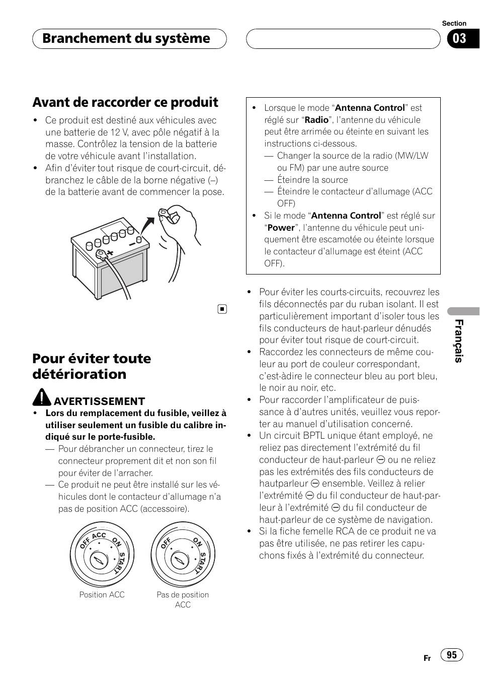 Avant de raccorder ce produit, Pour éviter toute détérioration, Branchement du système | Pioneer AVIC-X3 User Manual | Page 95 / 182