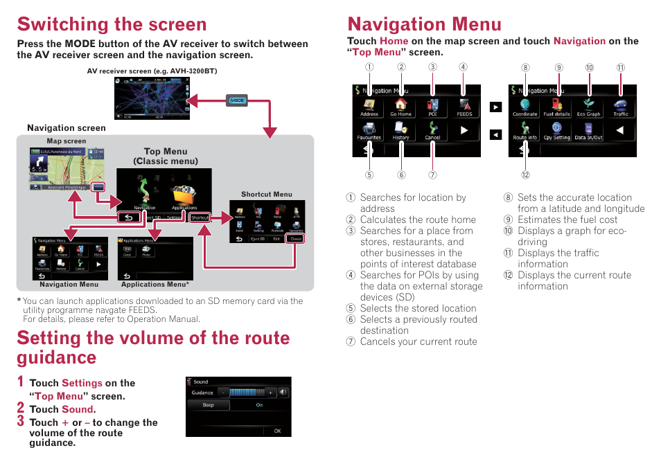 Navigation menu, Switching the screen, Setting the volume of the route guidance | Pioneer AVIC-F220 User Manual | Page 2 / 2