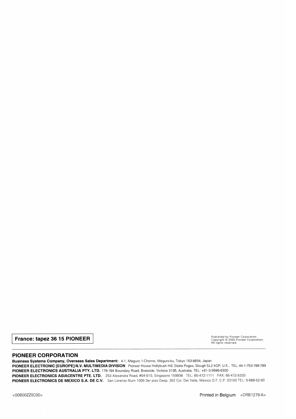 Pioneer corporation, France: tapez 36 15 pioneer | Pioneer DJM-500 User Manual | Page 108 / 108