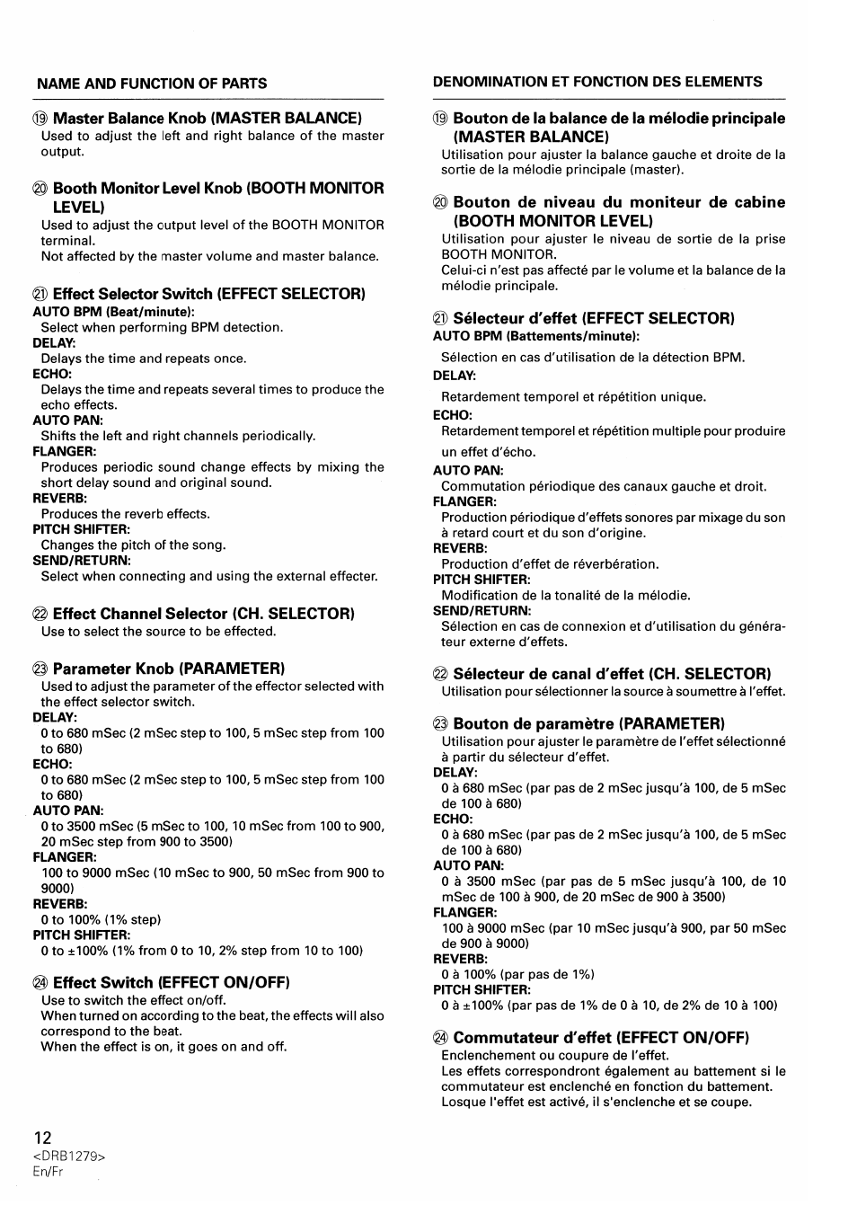 Master balance knob (master balance), Booth monitor level knob (booth monitor level), Effect selector switch (effect selector) | Effect channel selector (ch. selector), Parameter knob (parameter), Effect switch (effect on/off), Sélecteur d'effet (effect selector), Sélecteur de canal d'effet (ch. selector), Bouton de paramètre (parameter), G) commutateur d'effet (effect on/off) | Pioneer DJM-500 User Manual | Page 12 / 108