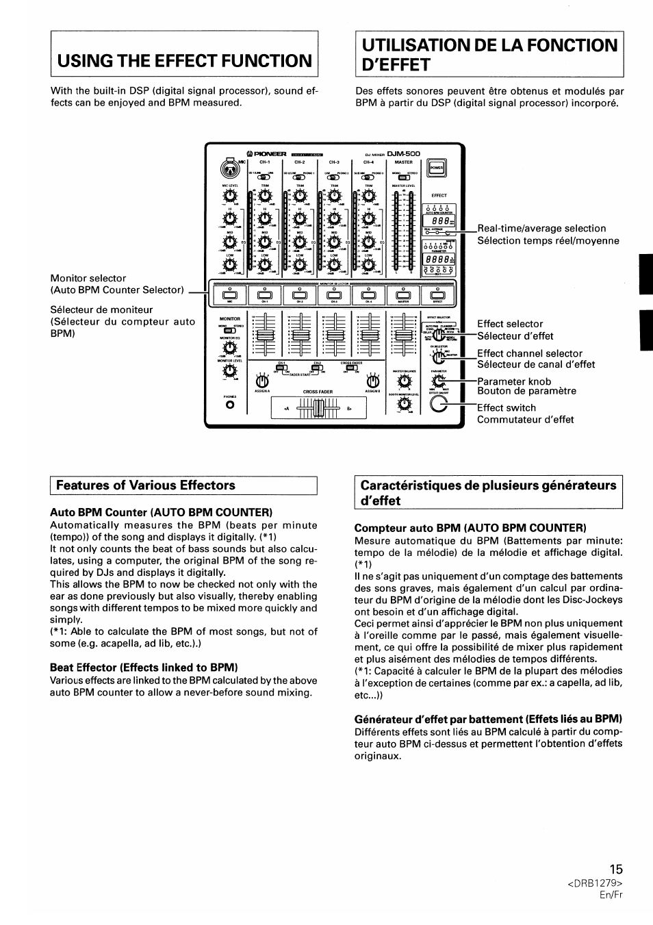 Features of various effectors, Utilisation de la fonction d'effet | Pioneer DJM-500 User Manual | Page 15 / 108