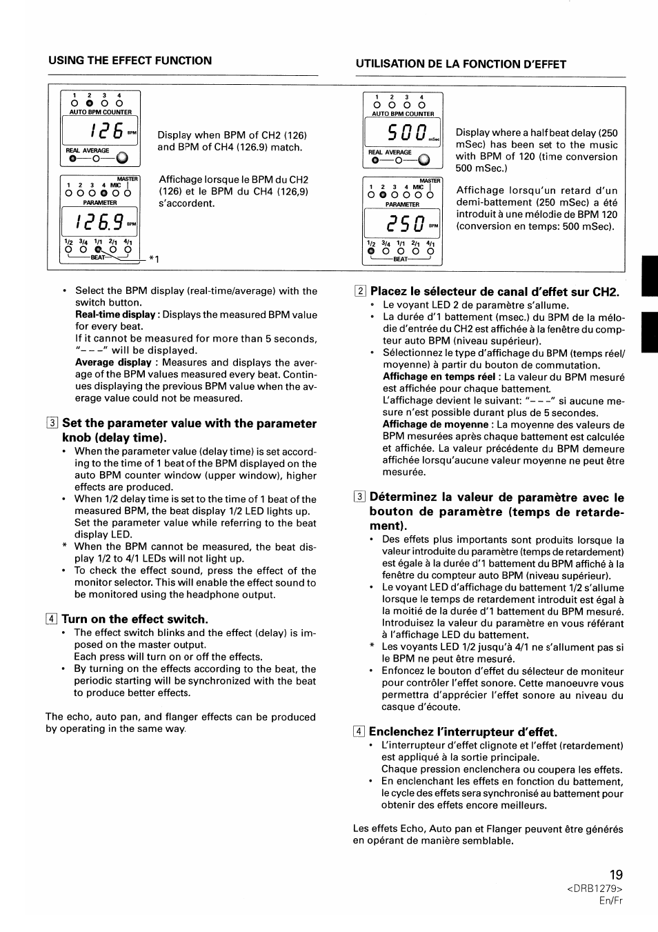 S] turn on the effect switch, Placez le sélecteur de canal d'effet sur ch2, 4] enclenchez l'interrupteur d'effet | L e s, Lee.s | Pioneer DJM-500 User Manual | Page 19 / 108