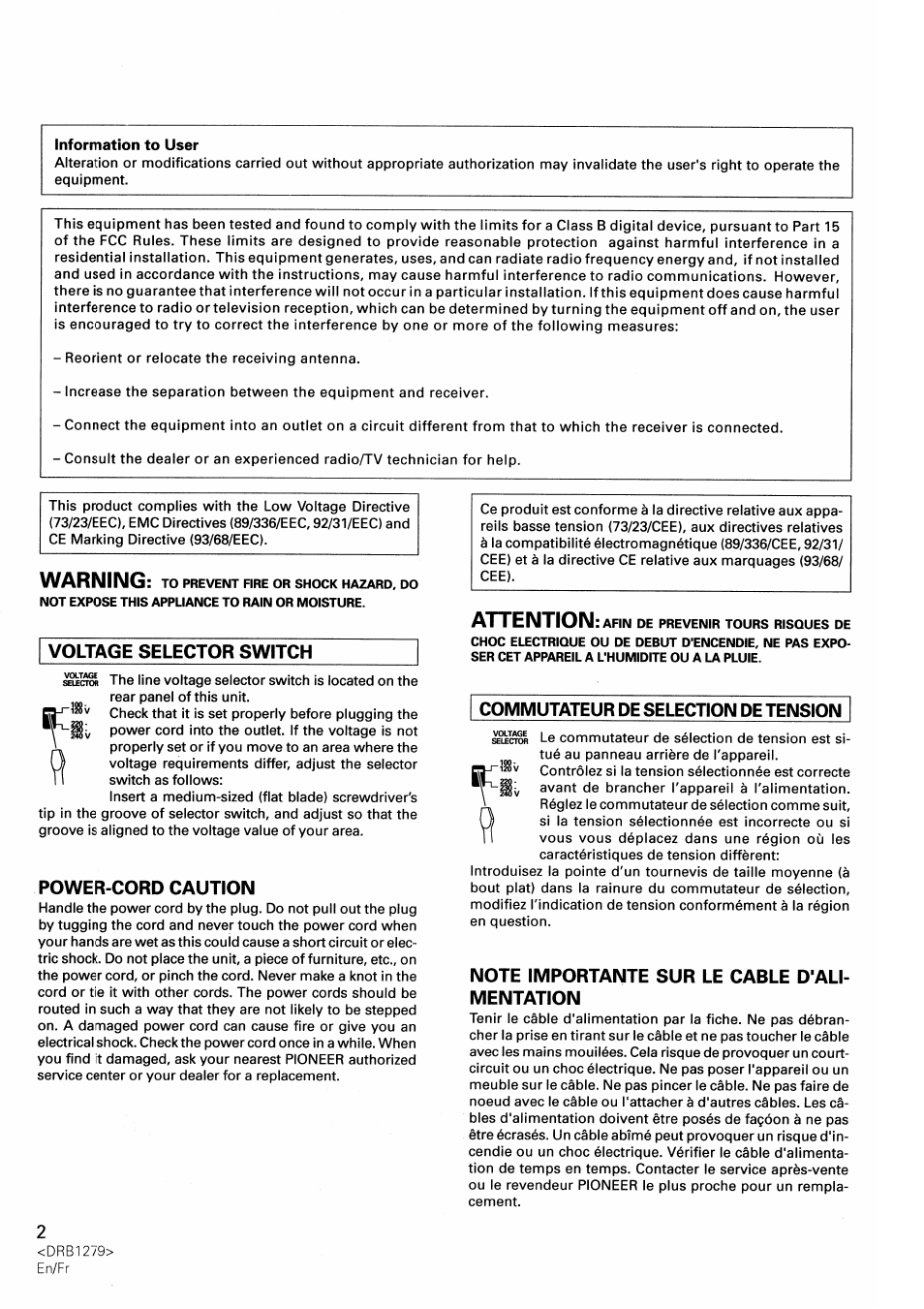 Power-cord caution, Note importante sur le cable d'alimentation, Warning | Attention | Pioneer DJM-500 User Manual | Page 2 / 108