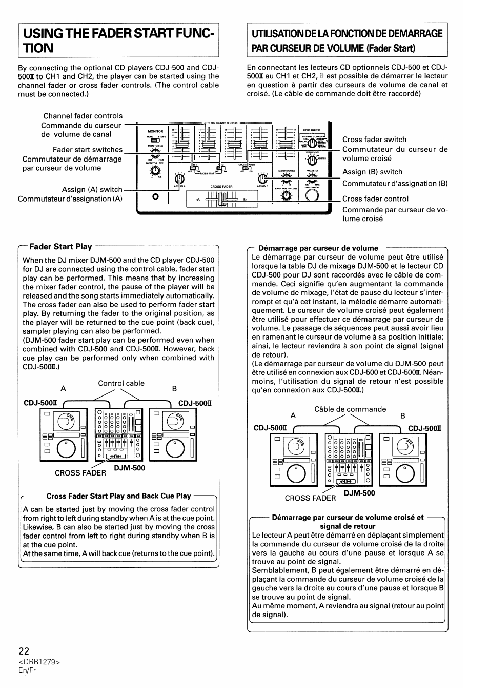 Using the fader start func, Tion, Unusation de la fonction de demarrage | Par curseur de volume (fader start) | Pioneer DJM-500 User Manual | Page 22 / 108