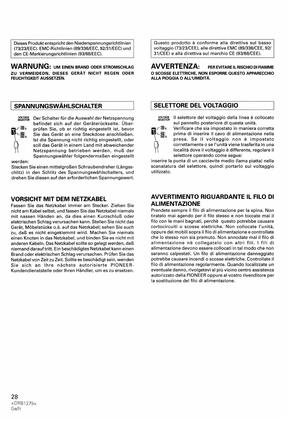 Spannungswahlschalter, Selettore del voltaggio, Vorsicht mit dem netzkabel | Avvertimento riguardante il filo di alimentazione, Warnung, Avvertenza | Pioneer DJM-500 User Manual | Page 28 / 108