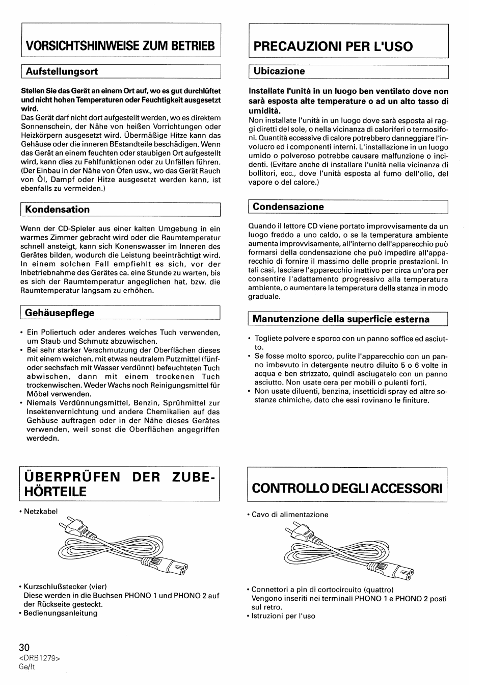 Kondensation, Gehäusepflege, Ubicazione | Condensazione, Manutenzione della superficie esterna, Precauzioni per l'uso, Überprüfen der zube hörteile, Vorsichtshinweise zum betrieb | Pioneer DJM-500 User Manual | Page 30 / 108