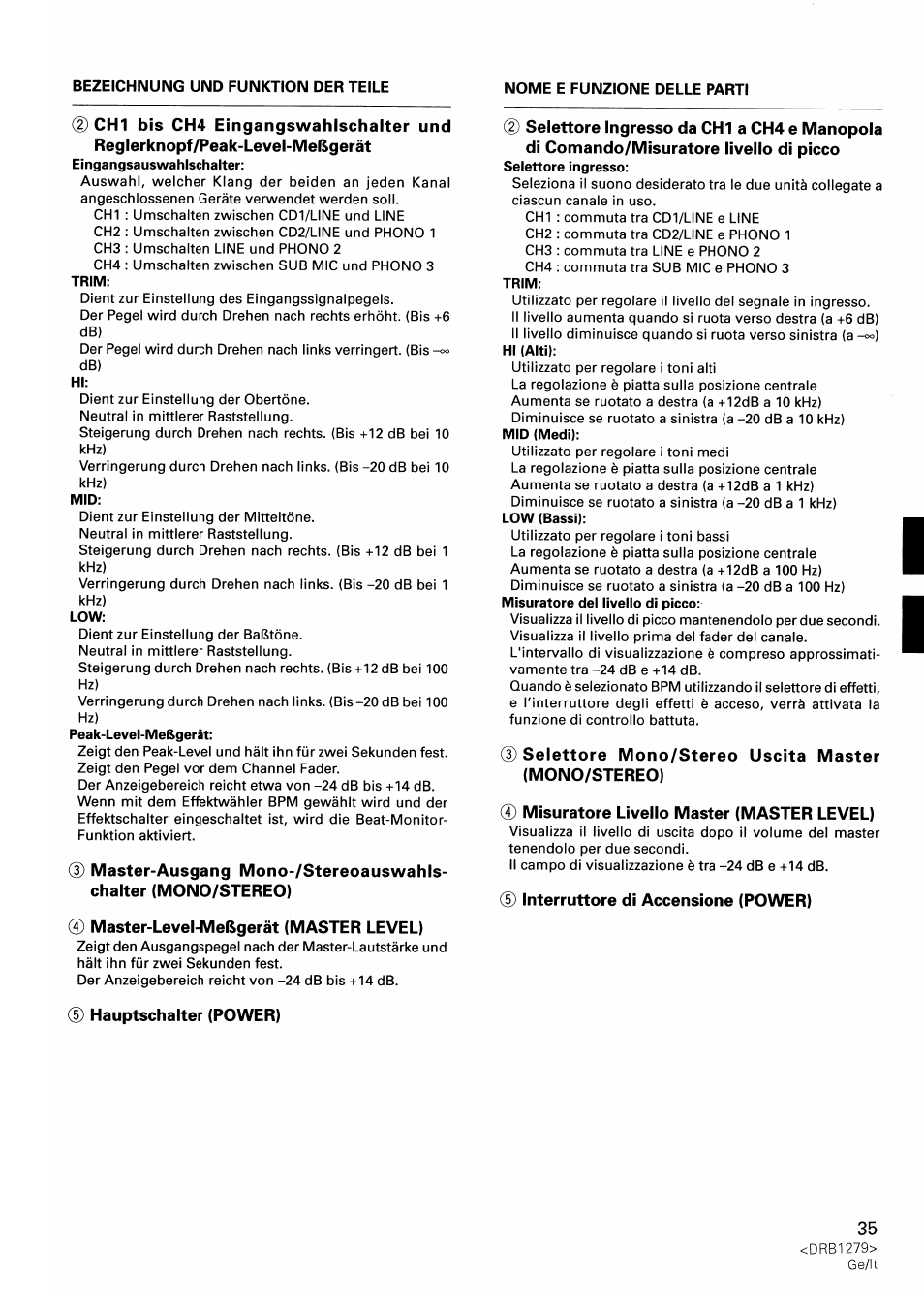 0 master-level-meßgerät (master level), Hauptschalter (power), Selettore mono/stereo uscita master (mono/stereo) | 0 misuratore livello master (master level), Interruttore di accensione (power) | Pioneer DJM-500 User Manual | Page 35 / 108